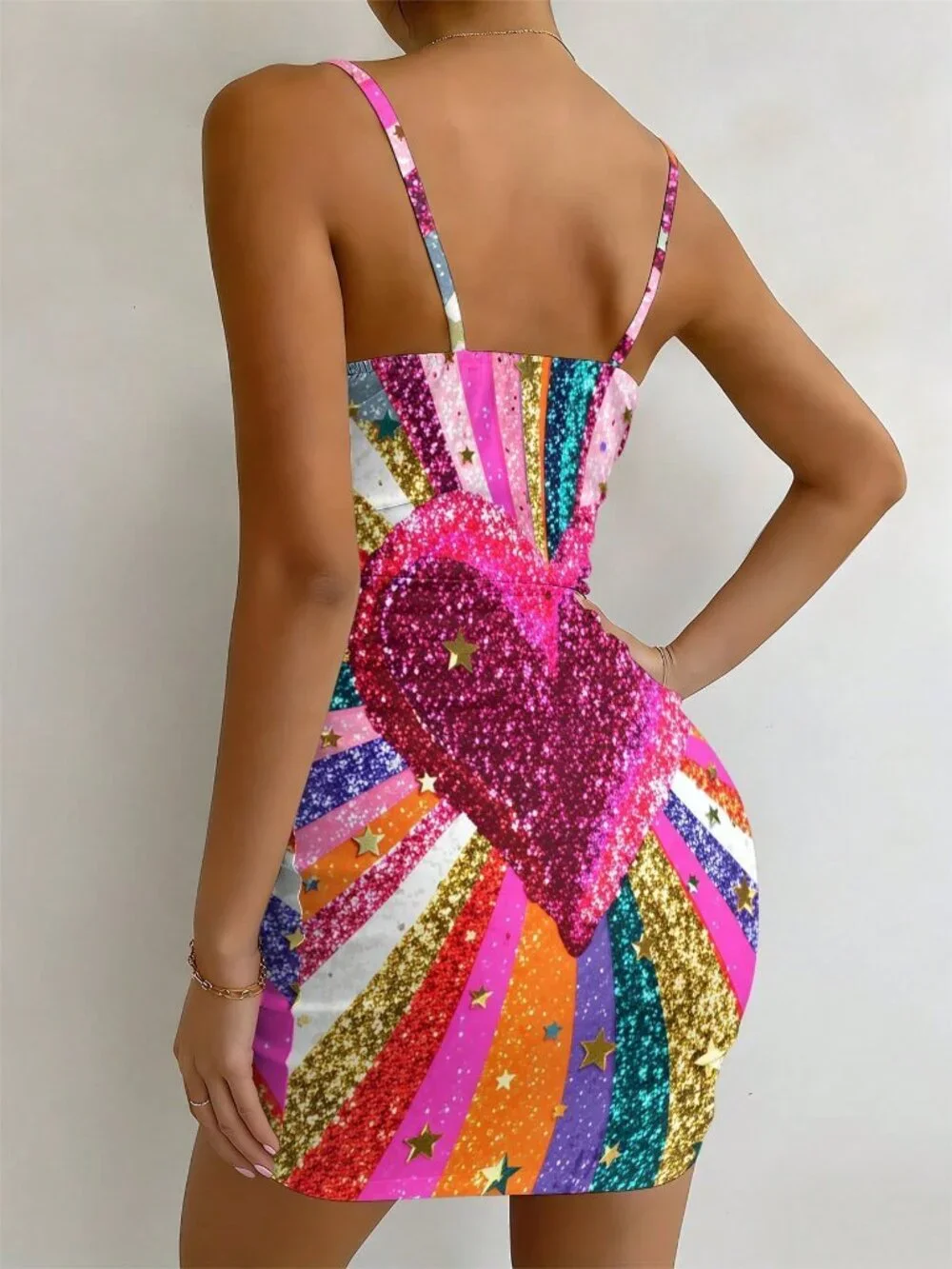Multicolor Elegant Women's Rainbow Heart Print Cami Mini Dress - Picture 3 of 5